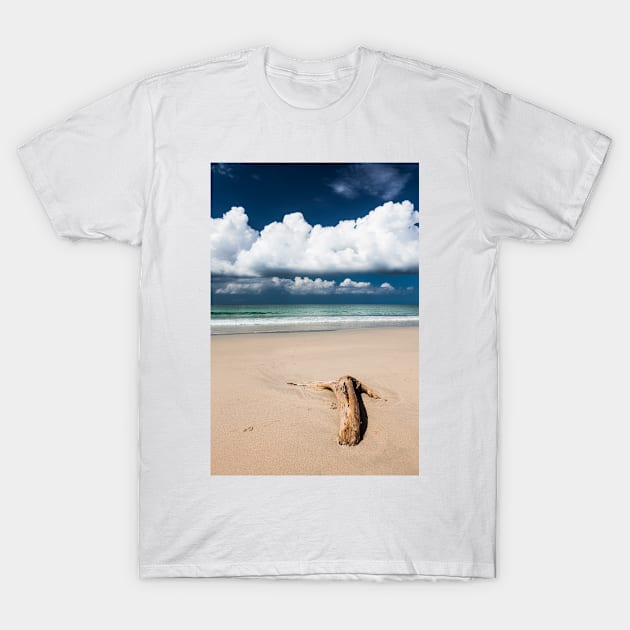 Beach driftwood and dark blue sky T-Shirt by Juhku